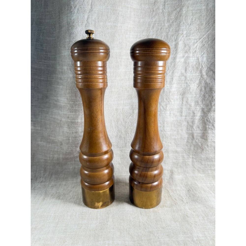 Vintage Nasco Japan Wood Pepper Mill & Salt Shaker Set Brass Mid Century